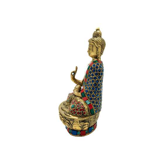 STONE STUDDED BRASS BUDDHA 8"